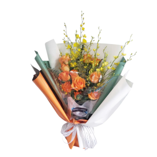 Bó hoa hồng cam phối lan vàng - Sắc màu rực rỡ cho ngày thêm hạnh phúc
