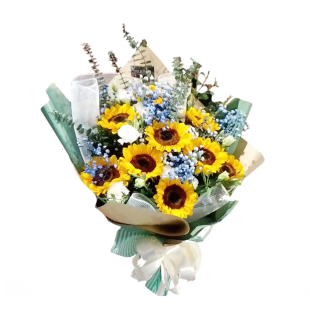 Bó hoa hướng dương mix baby xanh - Ánh nắng rực rỡ và sự tinh khôi trong từng khoảnh khắc