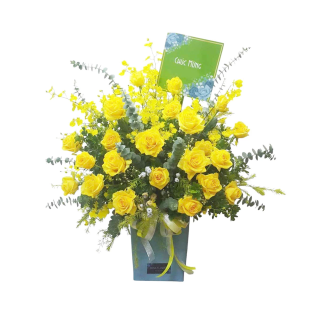 Lẵng hoa hồng vàng chúc mừng - Sắc hoa của niềm vui và thành công